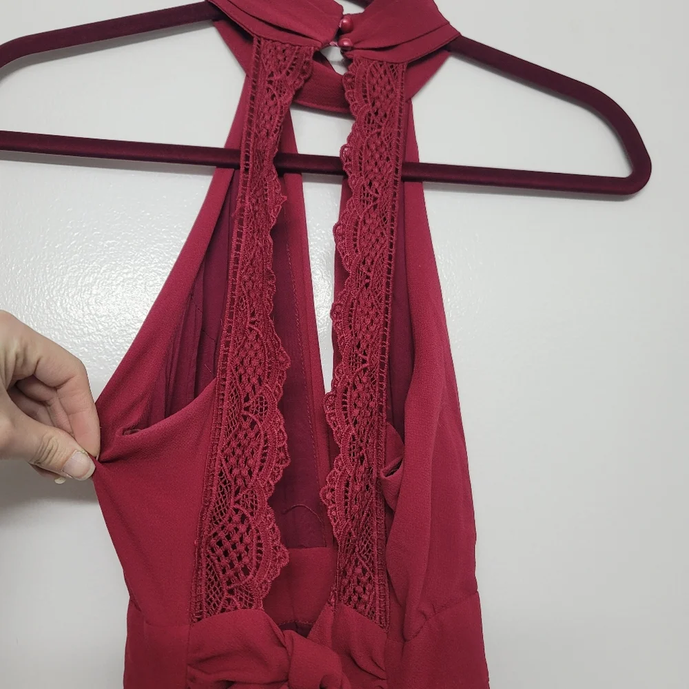Showpo Elegant Burgundy Halter Neck Maxi Romper With Long Overlay - Size 4